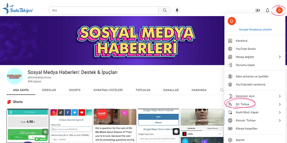 bilgisayarda youtube dil değiştirme