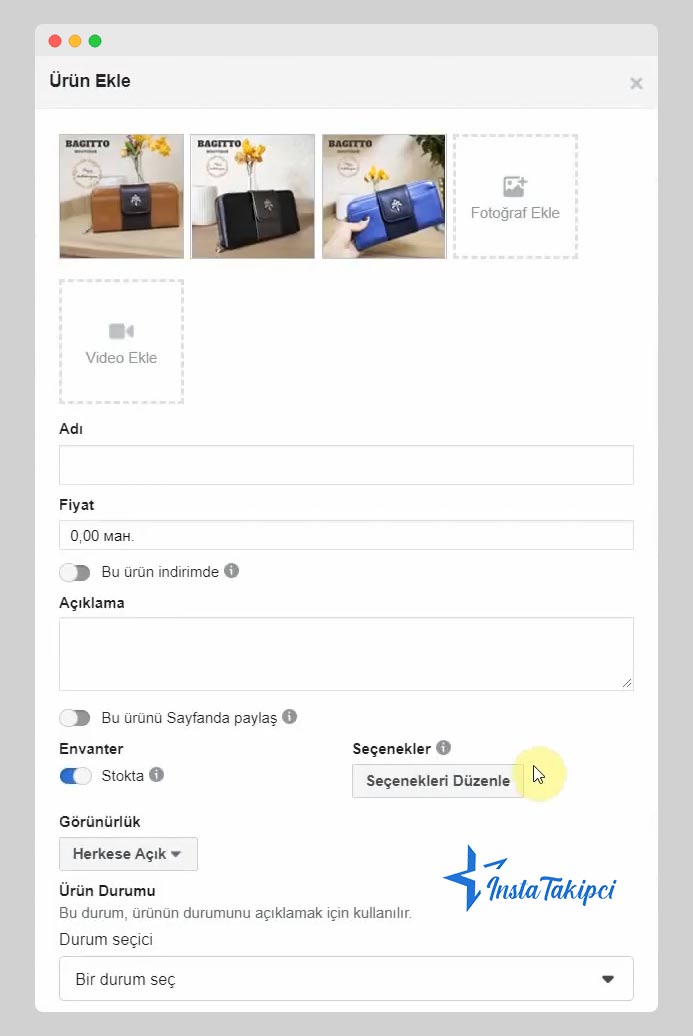 Facebook'ta satış yapmak için ürün ekle