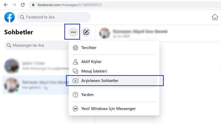 facebook arşivlenmiş mesajlar bölümü