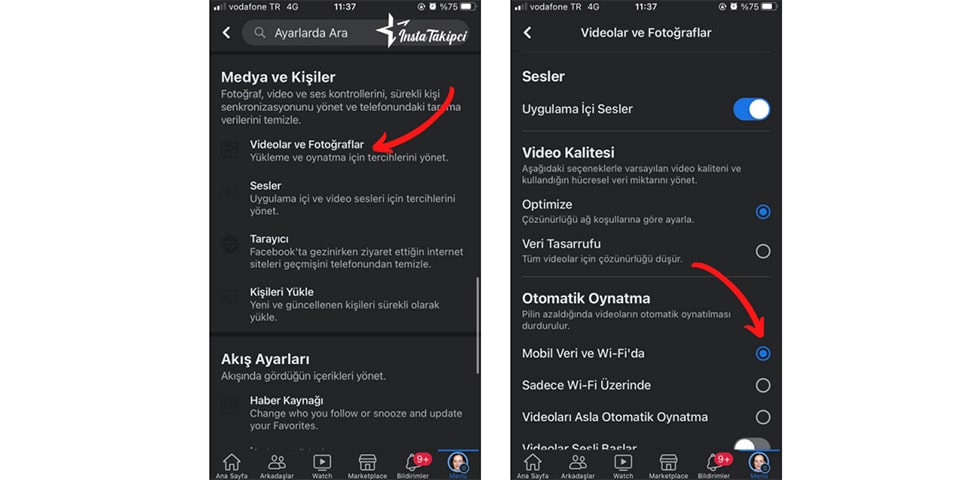 facebook mobil uygulama video ayarları