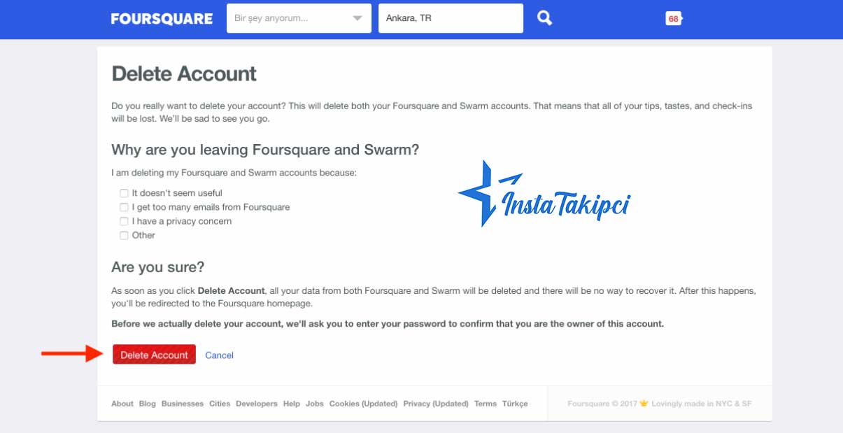 foursquare hesap silme