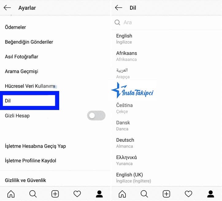 instagram dil degistirme android