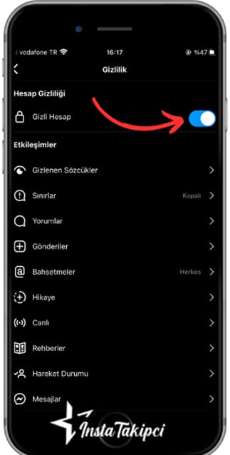 instagram hesap gizliliği aktive etme