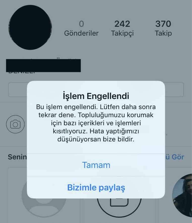 instagram işlem engellendi uyarısı