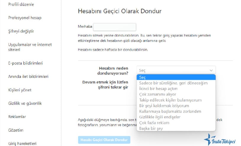 masaüstü ile instagram hesap kapatma işlemi