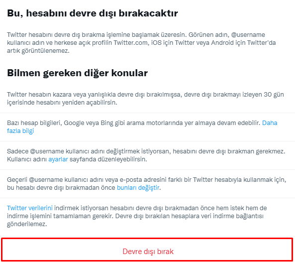 twitter devre dışı bırak