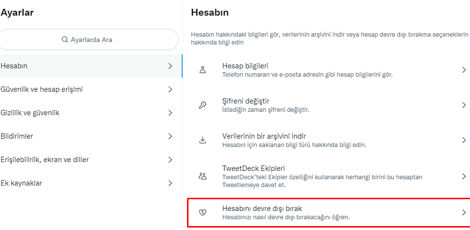 twitter hesabını devre dışı bırak