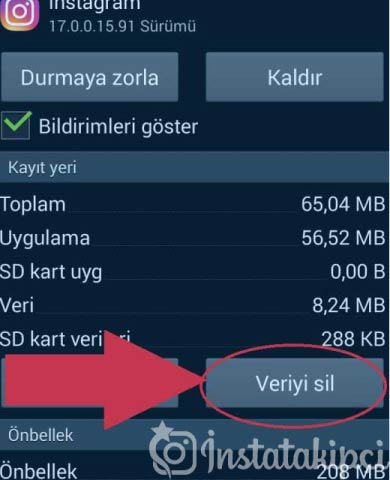 instagram veriyi sil