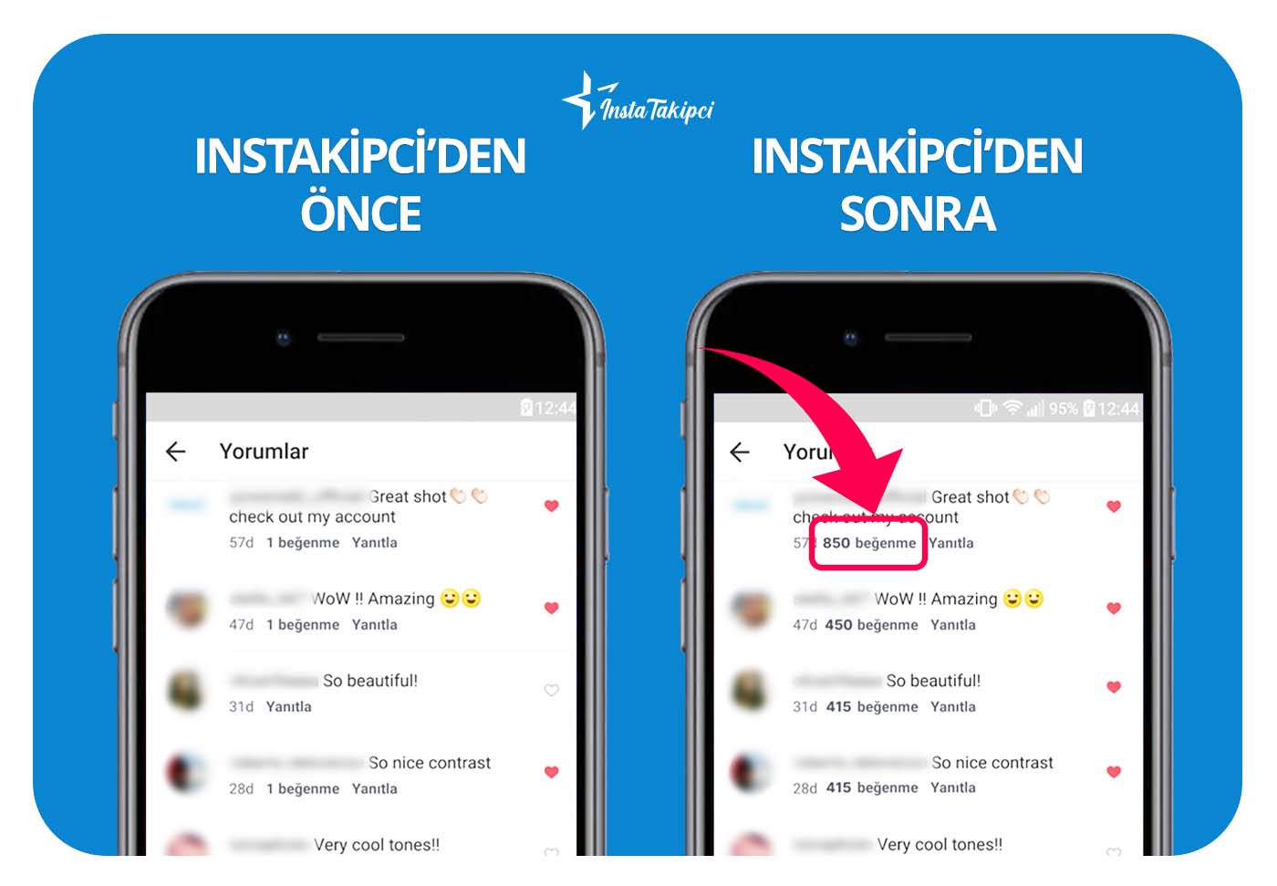 Instagram yorum beğeni önce & sonra